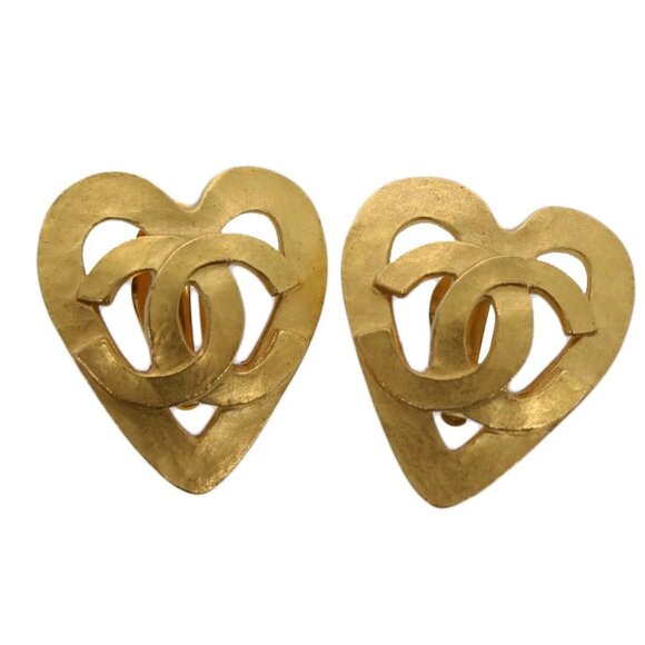 CHANEL heart Earring Gold Tone CC Auth 60077A - Picture 1 of 14